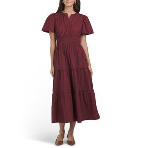 LEA Oxblood Short Sleeve Ruched Waist Maxi Dress